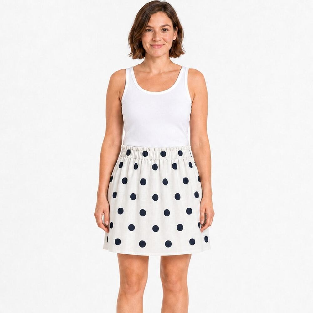 J Crew Large Black Polka Dot on Cream Linen Cotton Skirt Size 10 Pull On Casual